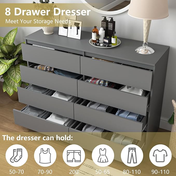 Grey Dresser for Bedroom,Modern Large 8 Drawer Dresser with Deep Drawer,Wide Storage Chest of Drawer,Wood Bedroom Storage Organizer Furniture,TV Stand for Living Room