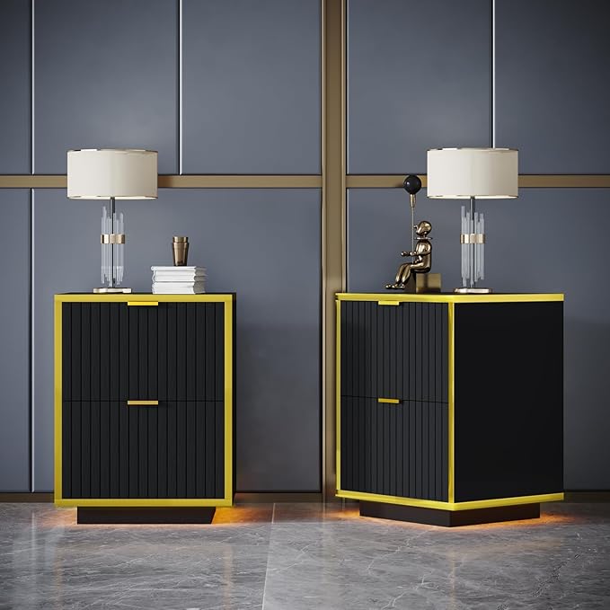 Black Nightstand Set of 2 with LED Lights, Bedside Table with 2 Fluted Drawers, Modern End Table with Golden Handles, 18 Inch Night Stand with Storage for Bedroom, Set of 2, Black and Gold