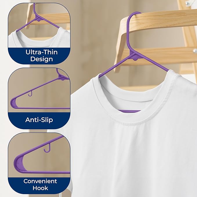 SereneLife 30 Pack Plastic Clothes Hangers – Non-Slip, Heavy Duty Adult Coat Hanger Set with 360° Swivel Hook – Slim, Space-Saving Closet Organizers for Shirts, Pants & Jackets – Purple