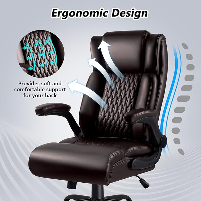 Ergonomic Leather Office Chair Desk Computer Chair, Comfortable High Back Office Chair with Adjustable Flip-up Armrest, Brown Executive Leather Office Desk Chair with Lumbar Support