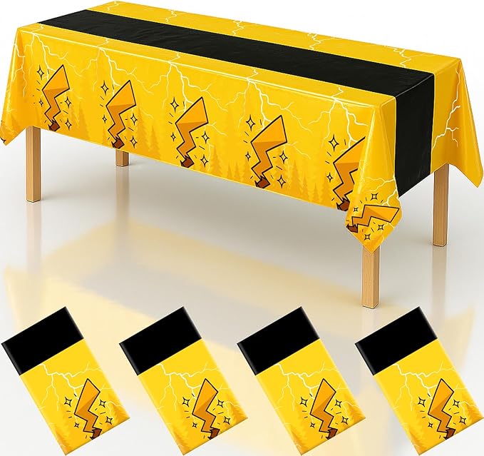 4Pcs 2in1 Yellow Cartoon Birthday Party Decorations Tablecloth, 54" x 108" Table Cloth Disposable Rectangle Plastic Table Cover for Kids Baby Shower Party Supplies