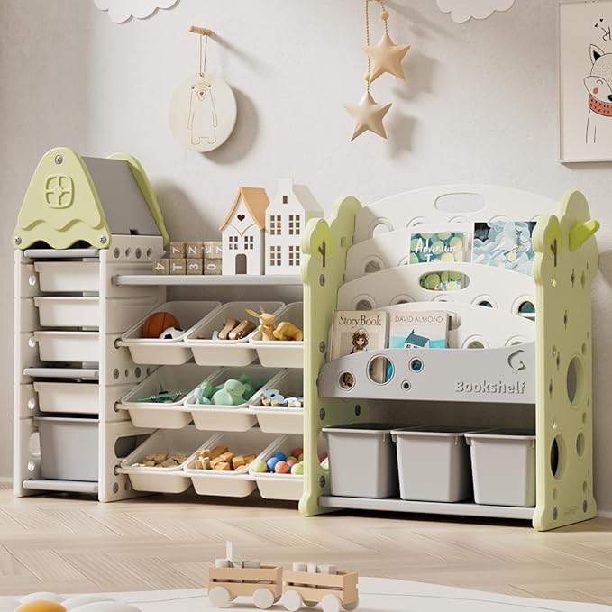 Kids Toy Storage Organizer with 17 Removable Bins, 4-Tier Bookshelf for Kids, Multi-Purpose Castle-Shaped Toy Organizer for Playroom, Bedroom, Nursery, Living Room (Green)