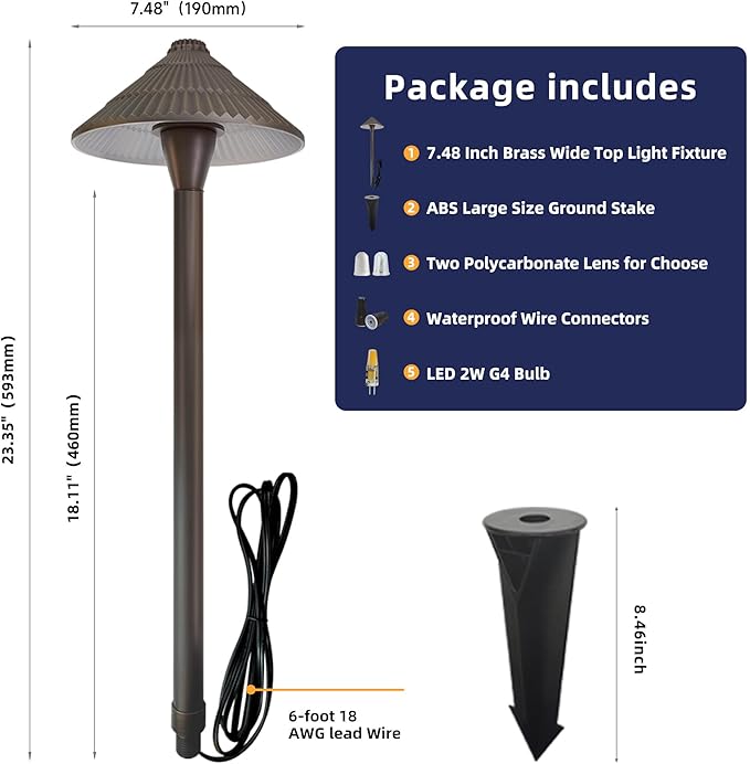 Solid Cast Brass Pathway Lights, 12V Low Voltage Landscape Lighting LED Path Lights with G4 Bulb for Outdoor Walkway, Garden, 23" Tall, 7.5" Shade