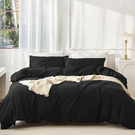 JIYUAN 100% Washed Cotton Duvet Cover Set 3 Pieces Oversized Queen, 1 Duvet Cover 98x98 Inches(Comforter Not Included) and 2 Pillowcases,Linen Feel Bedding Set Comfy and Breathable,Black