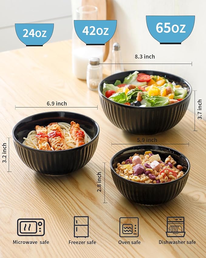 Hasense Small Mixing Bowls of 3, Porcelain Ribbed Black Bowls 1.5/1/0.5 Qt For Kitchen, Cooking, Baking and Serving Prep Bowls for Salad, Pasta, Modern Kitchen Dish Dishwasher & Microwave Safe