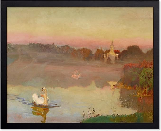 Poster Master Vintage Pond in Radziejowice Poster - Retro Swan Print - Lake Art - Landscape Art - Farmhouse Art - Animal Lover Art - Aesthetic Living Room or Office Decor, 8x10 Black Framed