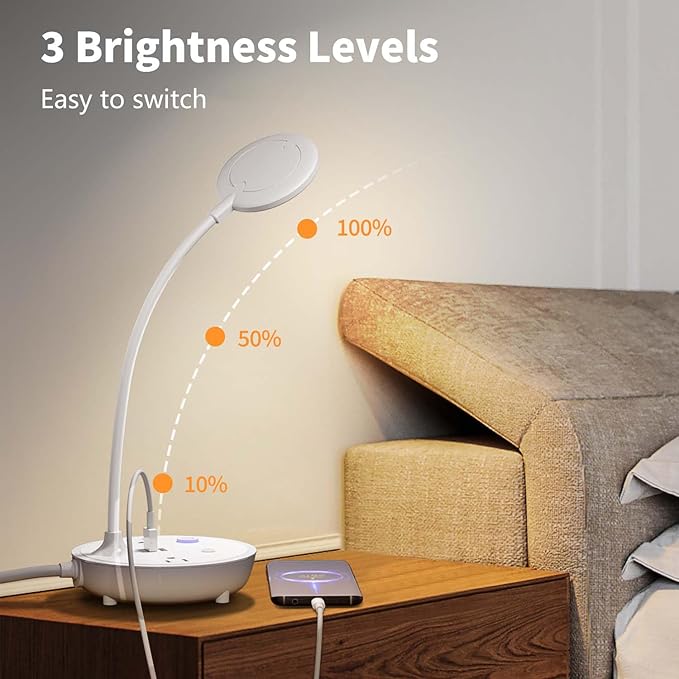 Bodun LED Desk Lamp with 2 USB Charging Port and 2 AC Power Outlet - Adjustable Gooseneck, 3 Level Brightness, Eye-Caring Small White Table Lamp for Home Office College Dorm Room Essentials