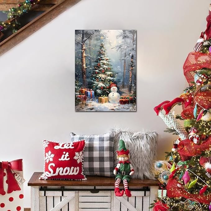 Christmas Wall Art Winter Pine Tree Canvas Pictures Wall Decor Snowman Romantic Christmas Snowman Poster Xmas Tree Prints Painting for Holiday Gifts, for Living Room Bedroom Bathroom Decortions 16x20inch