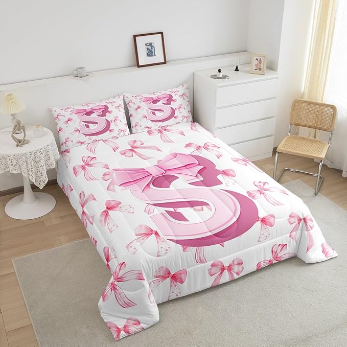 jejeloiu Kids Girls Cute Pink Bow Comforter Set King Size Monogrammed Bedding Set Ultra Soft Personalized Initial S Duvet Quilt Coquette Bow Knot Quilt Set Room Decor Modern Fashion Comforter