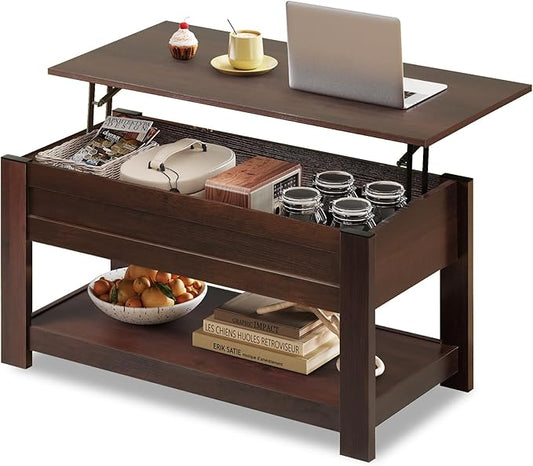 WLIVE Coffee Table, 39" Lift Top Coffee Table with Hidden Compartment, Storage Shelf and Lifting Top for Home Living Room, Office and Bedroom, Red-Brown