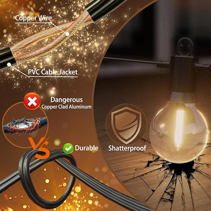 Outdoor String Lights 50 ft, LED Grobe Patio Lights with 27（25+2 Spare G40 Shatterproof Bulbs, IP 65 Waterproof, Outside Hanging Light for Cafe Bistro Backyard