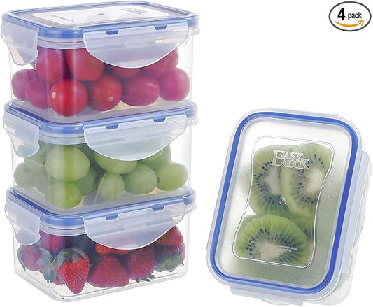 KIGI 4 Pack 17oz Rectangle Plastic Storage Containers Set for Food Airtight 500ML Meal Prep Containers Kitchen Storage Organizer