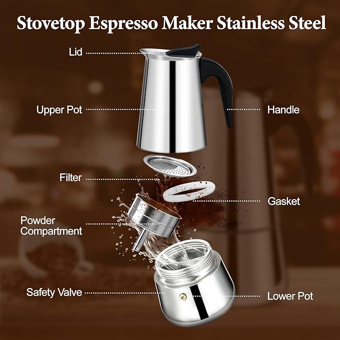 9 Cup Moka Pot Percolator Italian Coffee Maker 450ml Stovetop Espresso Mocha Stainless Steel Greca Coffee Maker Classic Cafe Makers Suitable for Induction Cookers Ceramic Stoves Straight