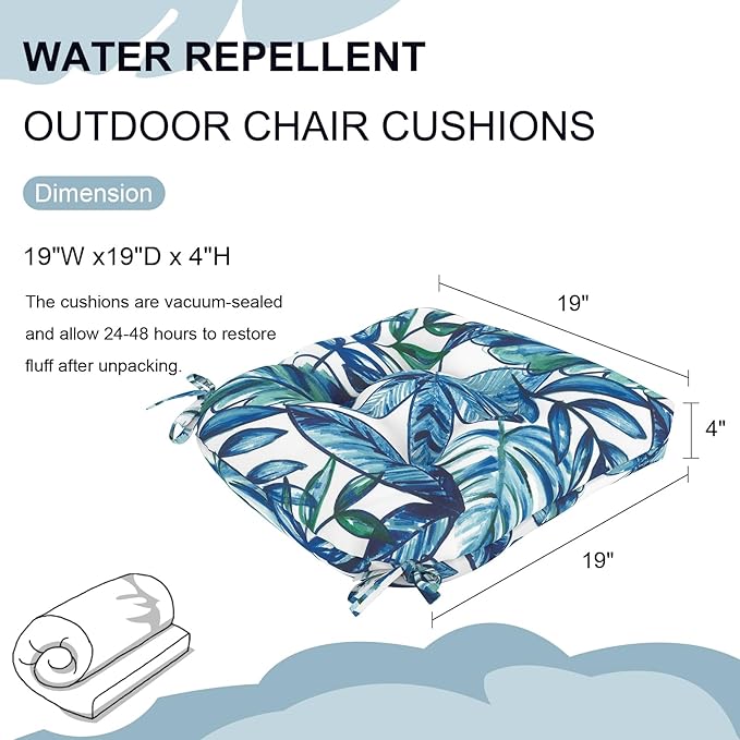 Set of 2 Outdoor Tufted Chair Cushions 19"x19"x4", Water Repellent Patio Seat Cushions with Ties, Replacement Chair Pads for Wicker Dining and Patio Furniture - Leaves Ink Blue