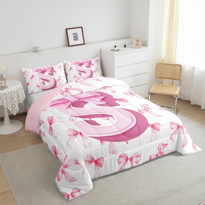 jejeloiu Kids Girls Cute Pink Bow Comforter Set King Size Monogrammed Bedding Set Ultra Soft Personalized Initial S Duvet Quilt Coquette Bow Knot Quilt Set Room Decor Modern Fashion Comforter