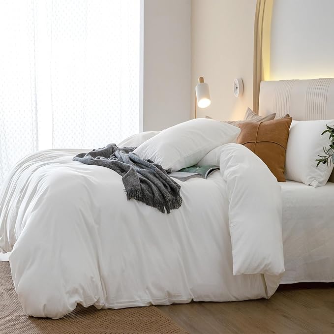 JIYUAN 100% Washed Cotton Duvet Cover Set 3 Pieces Oversized Queen, 1 Duvet Cover 98x98 Inches(Comforter Not Included) and 2 Pillowcases,Linen Feel Bedding Set Comfy and Breathable,Bright White