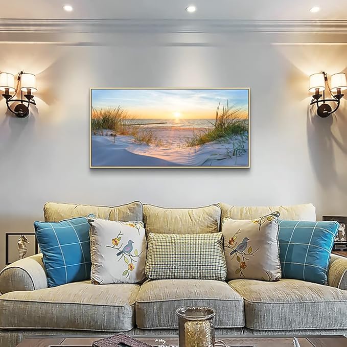 MHARTK66 Large Wall Decor For Office Canvas Wall Art For Living Room Bedroom Poster Art Prints Sun Seascape Wall Painting Blue Ocean Pictures Artwork For Walls Natural Wood Framed 24" X 48"