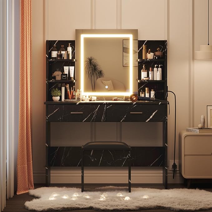 GAOMON Makeup Vanity Desk with Lights and Mirror, Vanity Table with 3 Lighting Modes, Storage Drawer, Shelves, Charging Station and Included Stool for Bedroom, Marble Black