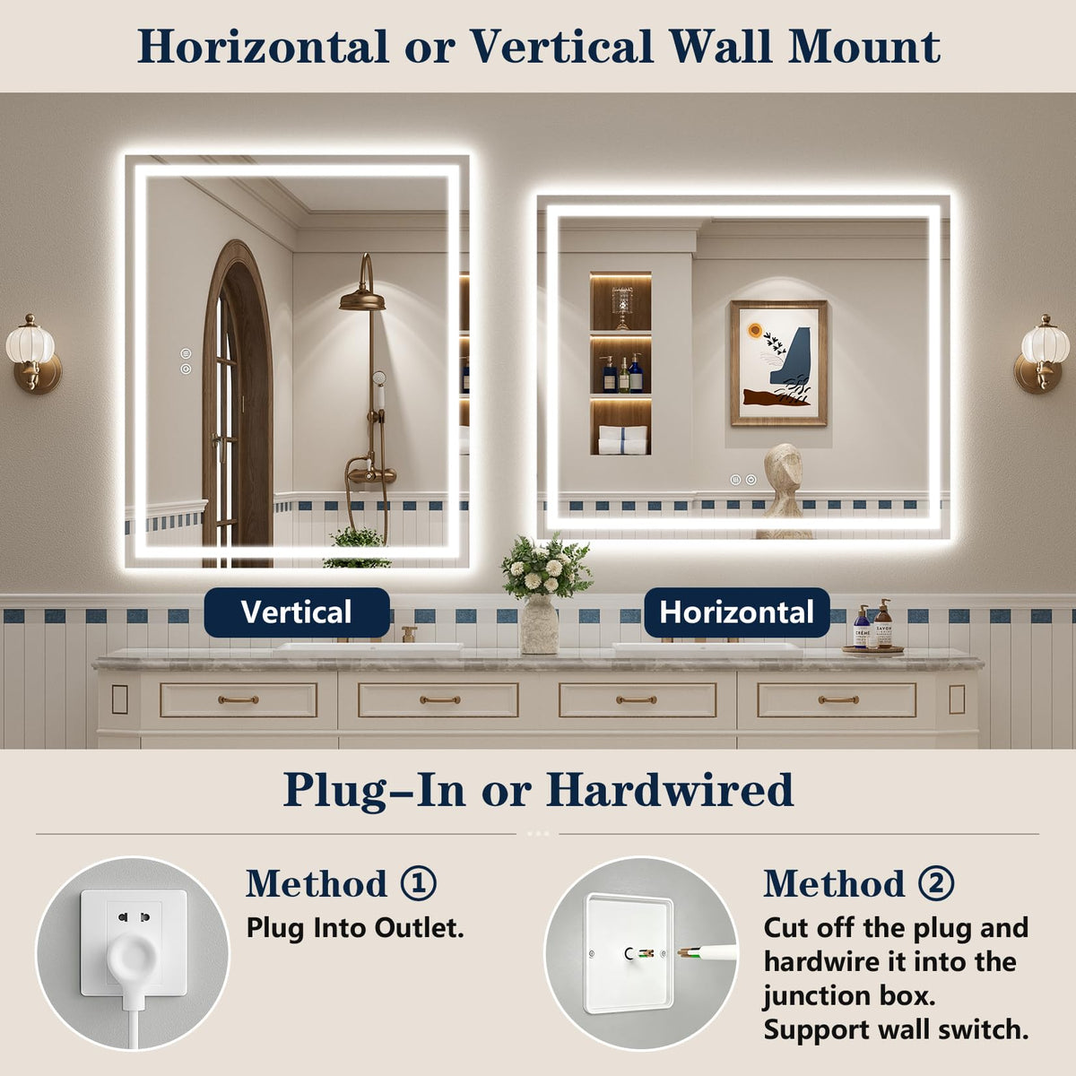 VEEYLOS 48x36 Inch LED Bathroom Mirror with Lights, Backlit & Front Lit