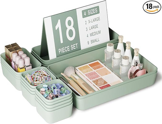 Plastic Drawer Organizers, 18 PCS Drawer Organizer Bins, Bathroom and Vanity Organizer Plastic Tray, Makeup organizer and storage for Makeup, Bedroom, Kitchen Gadgets Utensils and Office (Green)