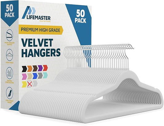 Velvet Clothes Hanger – with 360 Degree Swivel Hook and Non-Slip Shoulder Notch, Holds Up to 10 lbs, Heavy Duty Hanger Set, for Organizing Suit, Dress, Coat, and Clothes, Pack of 50, White
