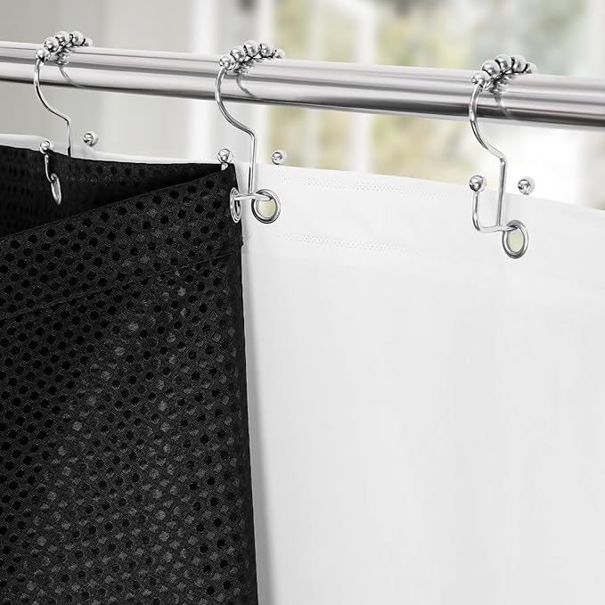 3 in 1 Stall Half Size Shower Curtain Set-36 W x 72 H, Black Waffle Waterproof Fabric and PEVA Liner Set with Stainless Steel Hooks