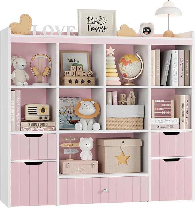 HORSTORS 48" W Kids Toy Storage Organizer, Large Toy Storage Chest with Removable Bins, 46" H Kids Bookshelf and Bookcase with Drawers for Boys and Girls, Modern Toy Box for Playroom, Classroom, Pink