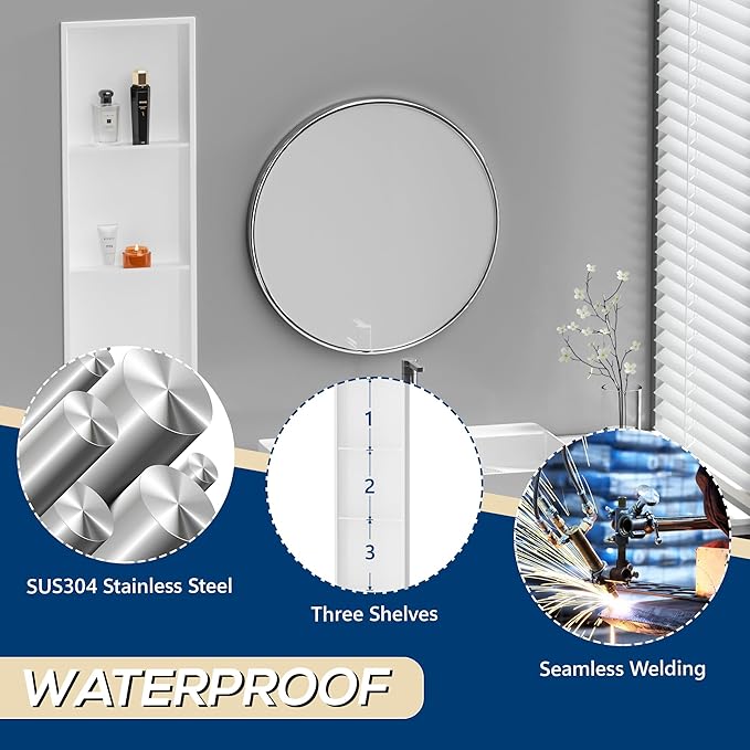 Stainless Steel Shower Niche 12" X 36", No Tile Needed Wall Niche Three-Tier, Recessed Shower Shelf for Bathroom Storage, Matte White