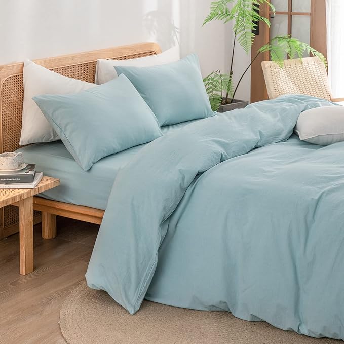 BESTOUCH Duvet Cover Set 100% Washed Cotton Linen Feel Super Soft Comfortable Chic Lightweight 3 PCs Home Bedding Set Solid Hushed Green Queen