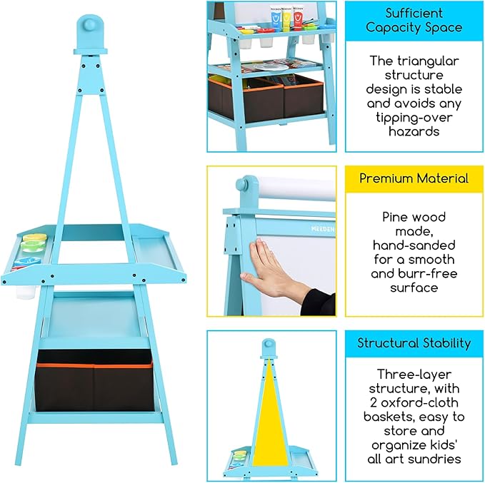 MEEDEN Art Kids Wooden Easel: Double-Sided Solid Pine Wood Art Easel with Paper Roll - Kids Art Easel with Chalkboard & Magnetic Whiteboard for Boy & Girls Gift - Blue