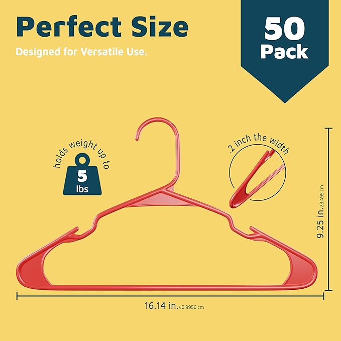 Plastic Clothes Hangers – Heavy Duty Hanger Set, for Organizing Clothes, Dresses, and Coat, Holds Up to 5 lbs, Space-Saving Hangers with Non-Slip Shoulder Grooves, Pack of 50, Brown
