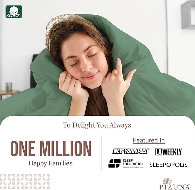 Pizuna Pure 100% Cotton Queen Duvet Cover Set, Luxurious 400 Thread Count Long Staple Cotton Sateen Weave with Button Closure (Combed Hedge Green Cotton Duvet Cover Queen)
