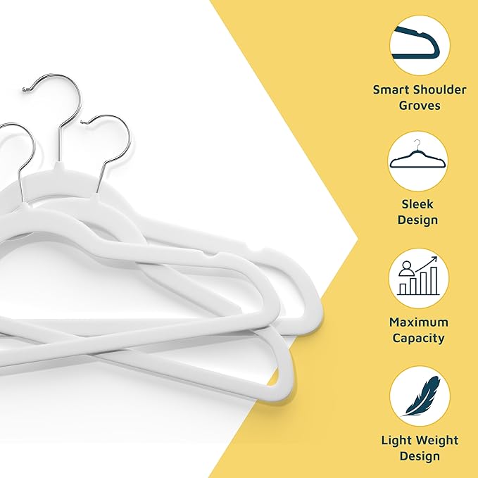 Velvet Clothes Hanger – with 360 Degree Swivel Hook and Non-Slip Shoulder Notch, Holds Up to 10 lbs, Heavy Duty Hanger Set, for Organizing Suit, Dress, Coat, and Clothes, Pack of 5, White