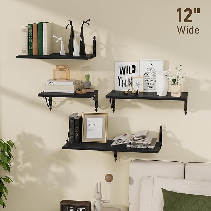Deep Floating Shelves, 31" W x 12" D Wall Shelves Set of 2, Wide Display Shelf Wall Mounted with Brackets, Bookshelf for Living Room, Bathroom, Bedroom, Black