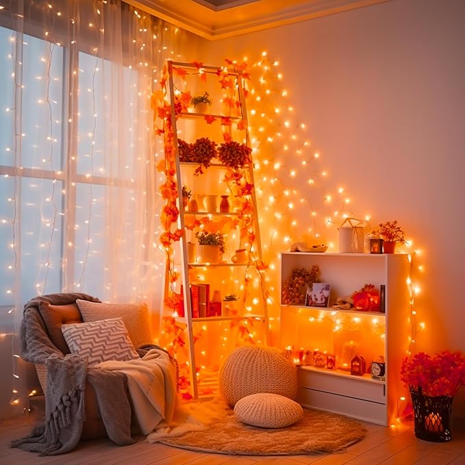 JMEXSUSS 500 LED Halloween Lights Outdoor, 163FT 8 Modes Orange Halloween Light Indoor Clear Wire, Outdoor Waterproof Thanksgiving Lights Plug in for Fall Room Porch Christmas
