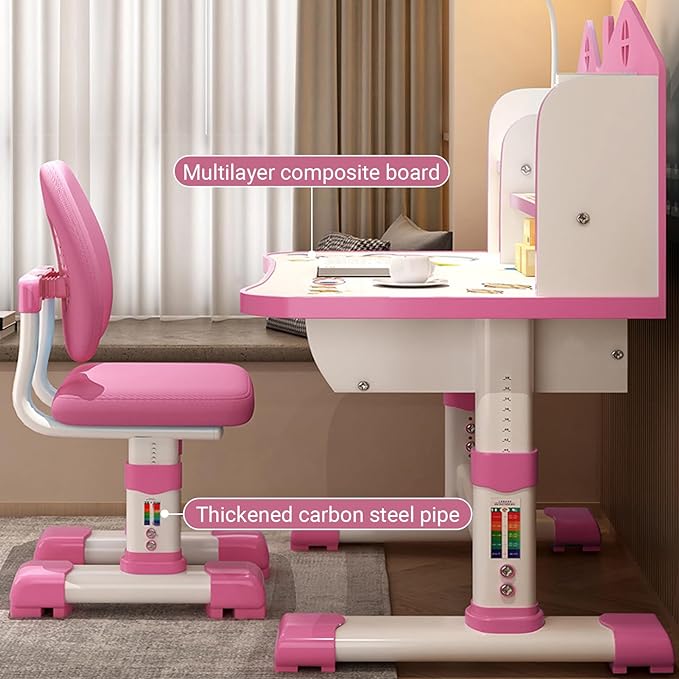 Small Standing Desk and Chair Set - Widened Desktop With Multi Separation Cartoon Pattern, Kids Adjustable Height Study Table With Drawer (Pink)