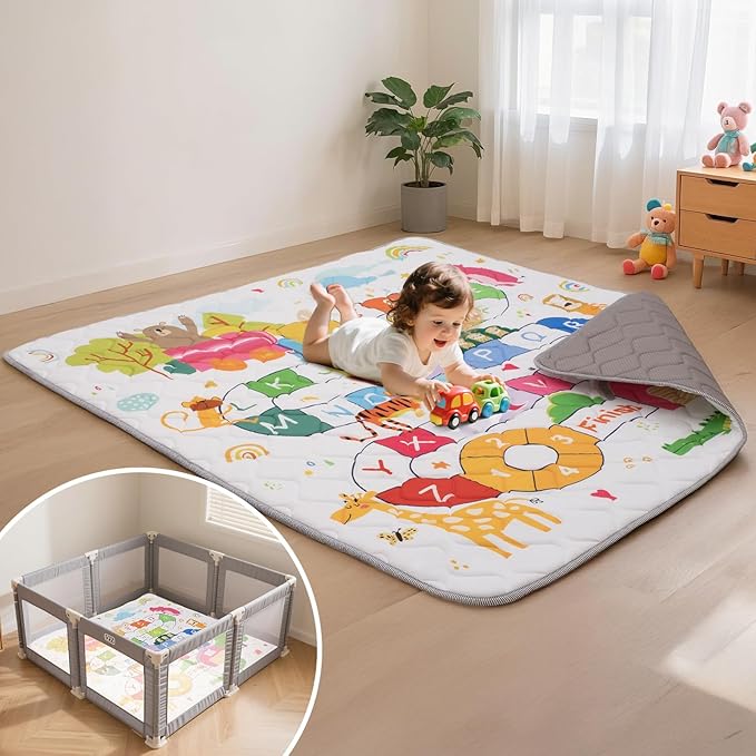 Baby Play Mat for Floor,71x59 Inch Soft Padding Crawling Mat for Playpen, Foldable and Machine Washable, Thick for Babies & Toddlers,Animal School