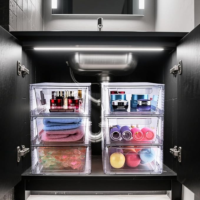 2 Pack Clear Stackable Storage Drawers, 3.95" H Easily Assemble Acrylic Organizer Bins - Multi-Use for Make up, Closet, Pantry, Bathroom, Medicine, Kitchen Cabinet & Undersink Organization
