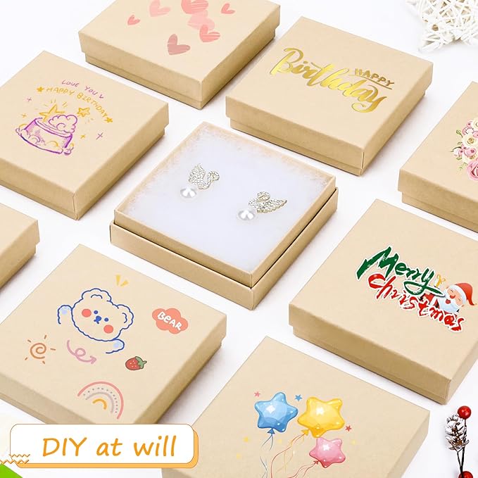 Jewelry Boxes, Cardboard Jewelry Gift Boxes, 40 Pack 3.5x3.5x1 Inch, Bulk Cotton Filled Small Jewelry Boxes with Lids for Necklace Ring Bracelet Earring Display Box (Brown)