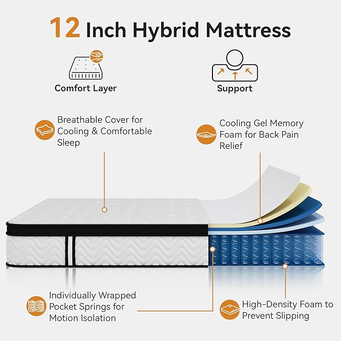 King Size Mattress, 12 Inch King Memory Foam Mattress in a Box, Hybrid mattresses with Independent Pocket Coils for Motion Isolation & Silent Sleep, Medium Firm, CertiPUR-US,100 Nights Trial