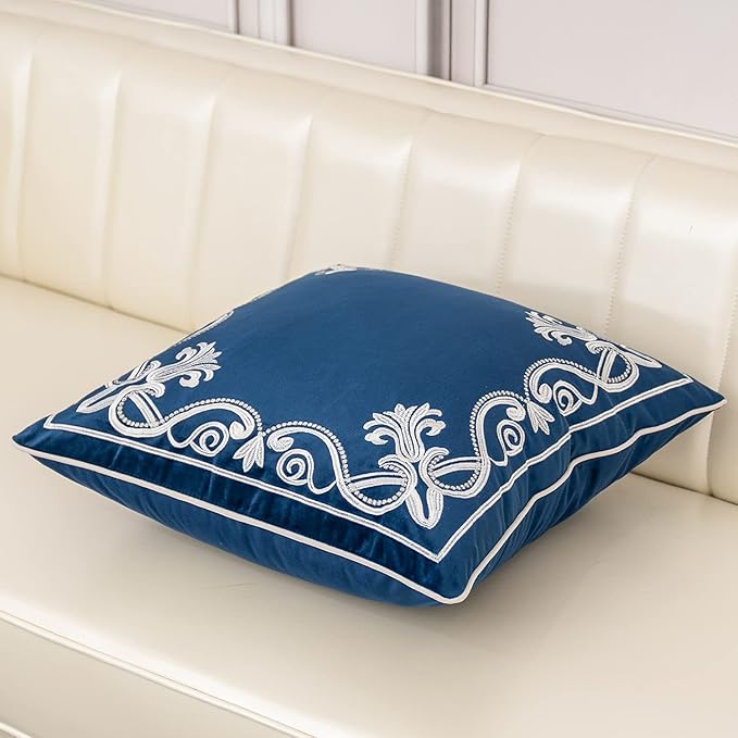 Aeckself European Floral Pillow Cover 16x16 Inch, Luxury Velvet Embroidered Decorative Throw Pillow Cover for Couch Bedroom Living Room, Navy Blue and White