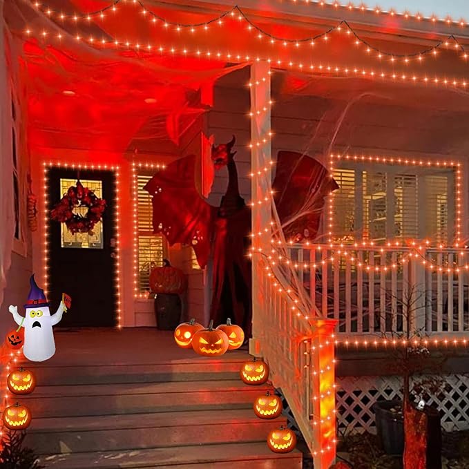 QITONG 165ft 500 LED Orange Lights for Halloween, Halloween Lights Outdoor Waterproof with 8 Modes, Green Wire Christmas String Light Plug in Indoor
