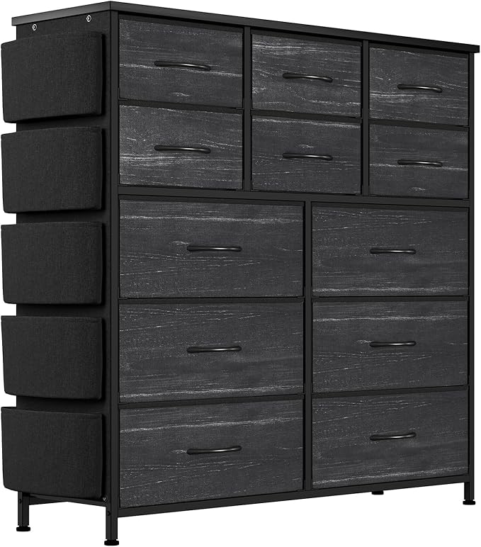 Dresser for Bedroom with 12 Drawers, Tall Dresser Chest of Drawers with 5 Side Pockets and Hooks, Wooden Top Fabric Dresser Storage Tower for Closet, Hallway, Living Room, Black