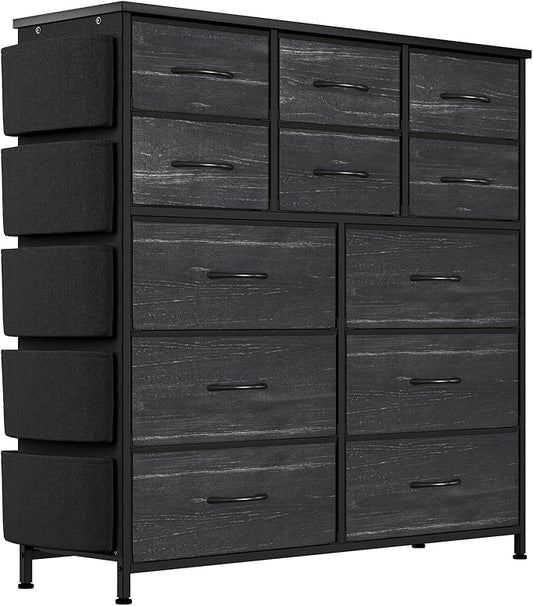 Dresser for Bedroom with 12 Drawers, Tall Dresser Chest of Drawers with 5 Side Pockets and Hooks, Wooden Top Fabric Dresser Storage Tower for Closet, Hallway, Living Room, Black
