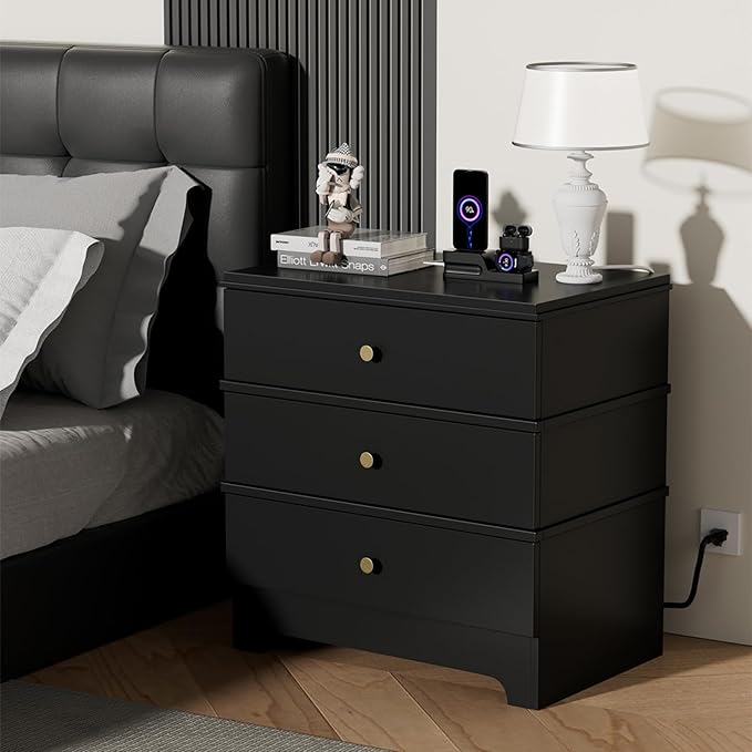 3 Drawer Nightstand with Charging Station,24" Farmhouse Night Stand & Modern Bedside Table, Wood End Table Storage Cabinet for Bedroom Hallway, Entryway,Black Set of 2