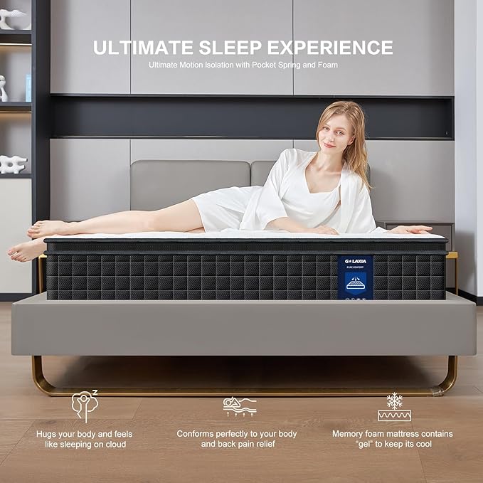 12 Inch Black Queen Spring Mattress,Medium Firm with Gel Memory Foam,Individually Pocketed Coil,Fiberglass-Free Fire Retardant CertiPUR-US Certified,80"*60"*12"