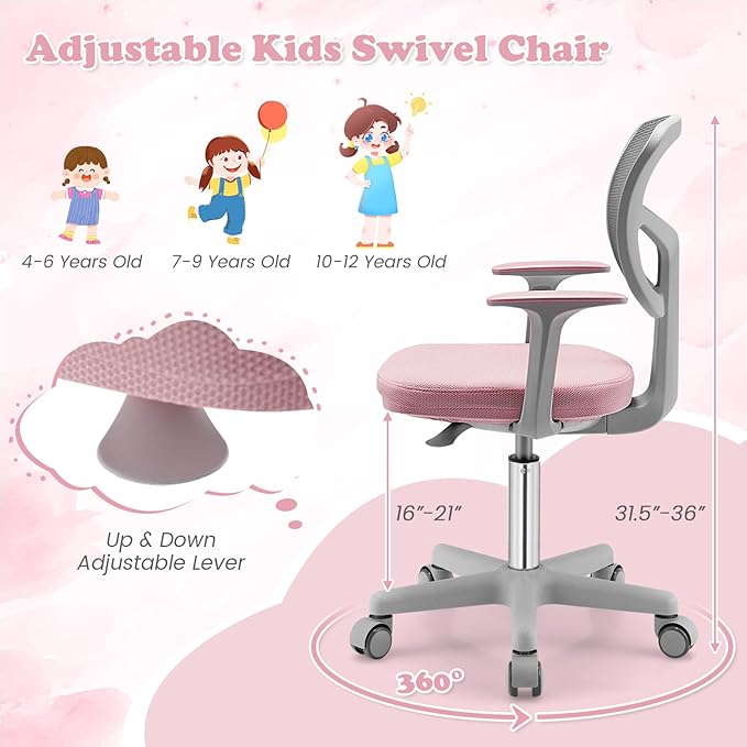 Giantex Kids Desk Chair, Children Computer Chair with Wheels and Y-Shaped Lumbar Support, Mesh Kids Study Seating, Height Adjustable Desk Chair for Girls Boys Aged 4-13, Pink
