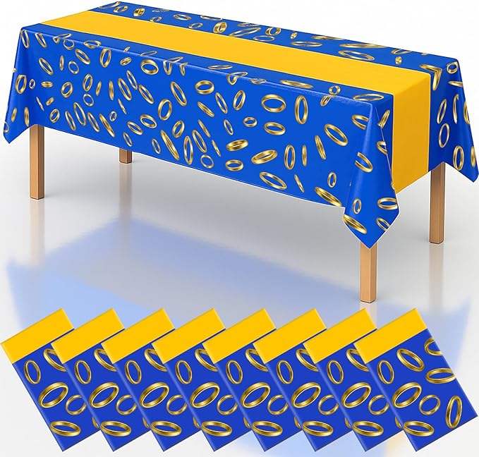 8Pcs 2in1 Gold Ring Birthday Party Decorations Tablecloth, 54" x 108" Table Cloth Disposable Rectangle Plastic Table Cover for Kids Baby Shower Party Supplies