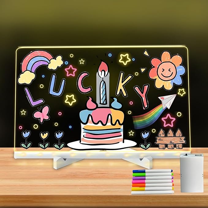 Led Note Board with Colors, Acrylic Dry Erase Board with Light, Light Up Dry Erase Board with Adjustable Stand with 7 Pens,for Office School Home, Kids Graffiti Board(11.8 x7.9in)