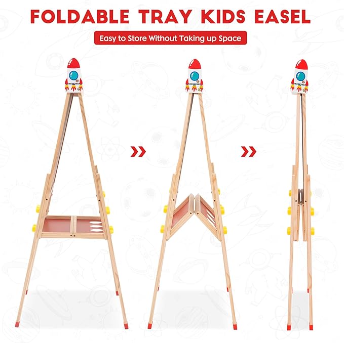 Wooden Art Easel for Kids Ages 2-12,Double-Sided Chalkboard & Whiteboard with Paper Roll,Folding Storage Tray,Gift for Boys & Girls